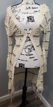 Vintage Havana Cardigan Womens Medium Multi Crochet Drawstring Hooded Hook Front - £21.13 GBP