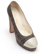 CHANEL Platform Pump Straw Patent Leather Tweed Cap Toe Brown Gold CC Lo... - £235.52 GBP