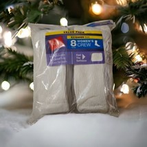 Hanes 8 Pack Pairs Extended Big &amp; Tall Women&#39;s CREW White Socks~Shoe Size 8-12 - £9.93 GBP