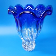 Godinger Cobalt Crystal Art Glass Ruffle Vase Handmade In Poland - FREE SHIPPING - £95.81 GBP