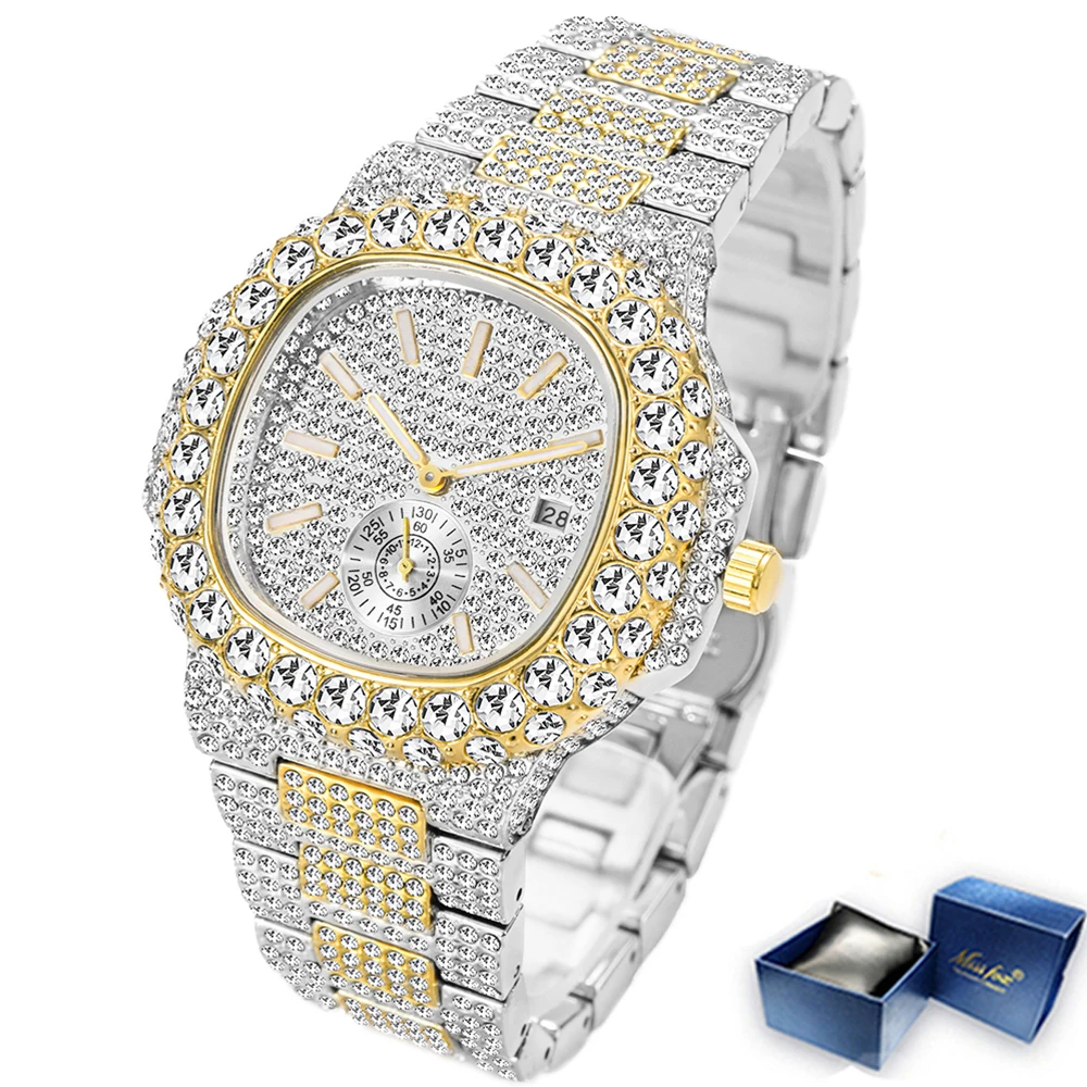 Hip Hop Brand Fashion Iced Out Watches Men Luxury Full Diamond 18K Gold ... - £60.38 GBP