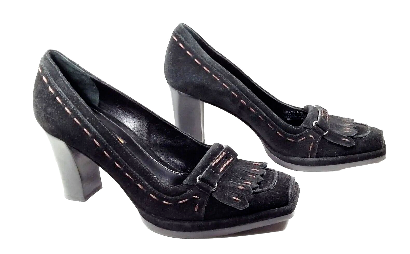 Primary image for Women Size 7.5 High Heels Black VIA SPIGA Suede Comfort Square Toe Kiltie Brazil