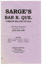 Sarge&#39;s Bar B Que Virgin Island Style Menu Pleasant Ridge Rd Knoxville Tennessee - £14.07 GBP