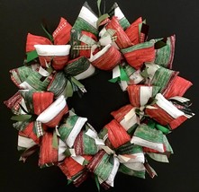 Rustic Farmhouse Red Green and White Barn Wood Look Fabric Wreath Door or Wall  - £42.22 GBP