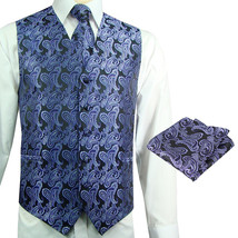 Purple / Black Men Paisley Tuxedo Suit Dress Vest Waistcoat &amp; Neck tie H... - £19.68 GBP+