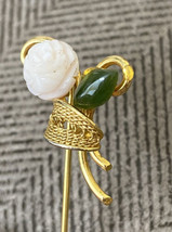 Vintage Rose and Jade Marquise Cut Goldtone Stick Brooch Hat Lapel Hatpin Pin - £22.48 GBP