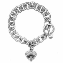 Juicy Couture Links Bracelet Pave Icon Crown Heart Charm Silver Tone New $58 Box - £37.84 GBP