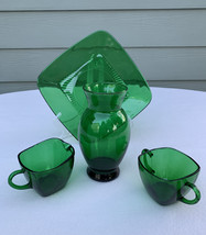 Anchor Hocking Forest Green charm sugar, creamer, 8&quot; square plate &amp; vase lot - £16.07 GBP
