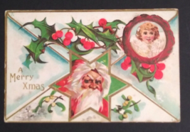 A Merry Xmas Santa Holly Florence Bamberger Gold Embossed Postcard c1910s - £4.77 GBP