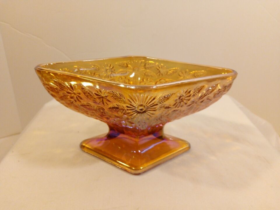 Vintage Iridescent Amber Carnival Glass Diamond Shaped Footed Candy Bowl MCM - $13.86