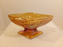 Vintage Iridescent Amber Carnival Glass Diamond Shaped Footed Candy Bowl MCM - £11.07 GBP