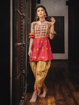 Navratri Chaniya Choli &amp; dhoti Pants Garba-Beige Red Kedia &amp; yellow Pant S-XL - $38.16