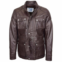 DR190 Men’s Leather Trendy Safari Jacket With Waist Belt Brown - £138.93 GBP