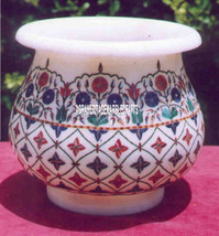 6&quot; Antique Marble Flower Pot Multi Marquetry Inlay Wedding Gift Home Decor - £307.54 GBP