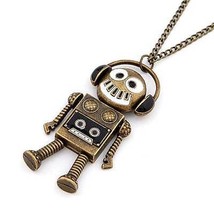 Dj Robot Charm Necklace 3&quot; Pendant 26&quot; Chain Headphones Bronze Color Metal New - $6.95
