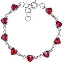 925 Sterling Silver Love All Around Heart Reconstructed Red Coral Inlay Bracelet - £69.22 GBP