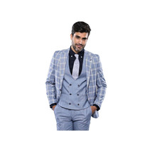 Men 3pc European Vested Suit WESSI by J.VALINTIN Extra Slim Fit JV30 blue plaid image 9
