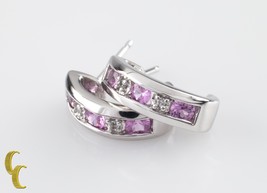 10k White Gold Diamond and Pink Sapphire Mini Hoop Stud Earrings - $13,018.44 MXN
