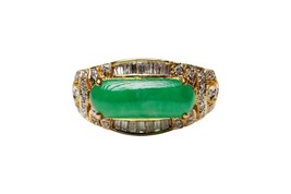 Oval Grade A Jade and Diamond 18K Yellow Gold Ring Size 6.75 - £1,161.02 GBP