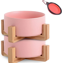 Dog Cat Bowl Ceramic Pink Pet Dish with Stand for Food and Water, Modern Cute Ma - £35.08 GBP