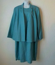Harve Benard Women 12W Blue Teal Suit Set Shift Dress &amp; Open Blazer Linen Rayon - £19.46 GBP