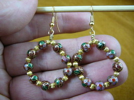 (EE-801-3) Rust Brown flower bead Cloisonne hoop dangle circle earrings gold - £23.52 GBP