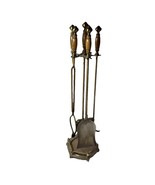 Vintage Brass &amp; Wood Fireplace Tool Set 5 Piece 32” Tall Tongs Poker Sho... - $121.83 CAD