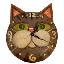Whimsical Folk Art Handmade Wooden Cat Wall Clock Signed Vtg Battery Op ... - $28.01