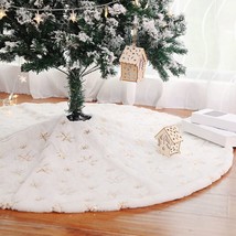 Christmas Tree Skirt, 48 Inch Faux Fur White Tree Skirt with Golden Snowflakes - £18.18 GBP