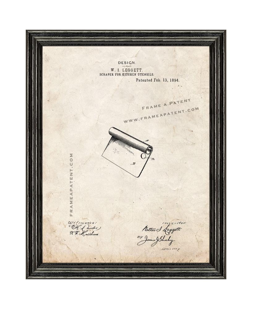 Scraper For Kitchen Utensils Patent Print Old Look with Black Wood Frame
