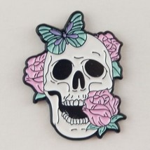 Skull and Roses with Butterfly Bow Enamel Pin Fashion Jewelry Accessory - £6.38 GBP