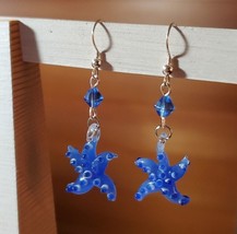 Handmade Glass Starfish Earrings Artisan Glass Blue Pierced - £11.56 GBP
