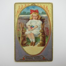 Easter Postcard Blonde Girl Red Hair Bow Rabbits Colored Eggs Embossed Antique - £12.01 GBP