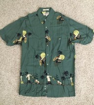 Vintage CAMPIA MODA Men&#39;s Medium Green Rayon Hawaiian Shirt w/Guitar and... - £19.51 GBP