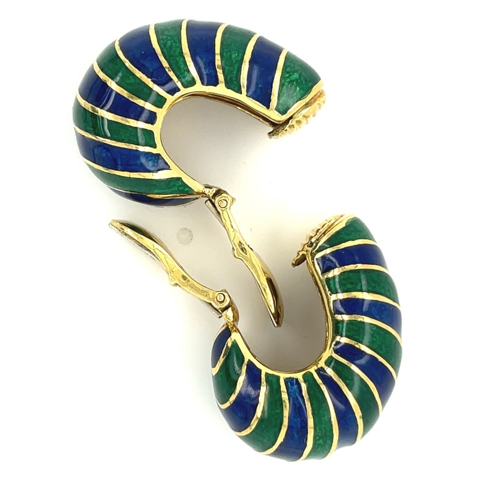 David Webb 18k Yellow Gold Blue and Green Enamel Huggie Earrings Gorgeous! Item image 4
