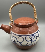 Tea Pot with Lid Straw Handle Blue White Decor Pottery Adobe Color Glazed - £32.10 GBP