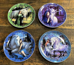 Set Of 4 Fantasy Enchanted Forest Sacred Unicorn And Maiden Dessert Salad Plates - £27.64 GBP