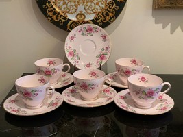 Vintage Tuscan Bone China Pink Floral Tea Cups and Saucers Set of 5 + One Saucer - £78.06 GBP