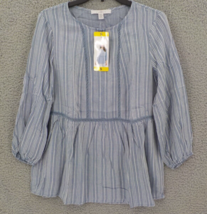 FEVER TOP SHIRT BLOUSE SZ S BLUE WHISTLERS OPEN WEAVE STRIPES 3/4 SLEEVE... - $8.99