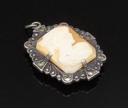 925 Silver - Vintage Antique Marcasite Accent Woman Cameo Pendant - PT20991 - £51.15 GBP