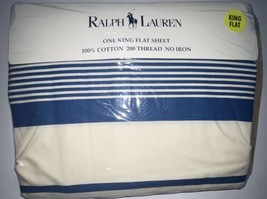 NIP Ralph Lauren Stripe Blue KING Flat Sheet- 100 % Cotton 200 Thread Count - £37.63 GBP