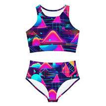 80s Synthwave Retro-Futuristic Inspired Pattern Design Sporty Bikini Set... - £73.27 GBP