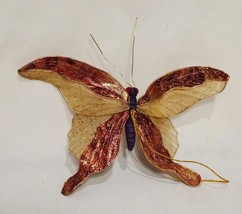 Butterfly Glitter Christmas Ornament Gold Purple 3&quot; Fabric Wood Wings - £11.80 GBP