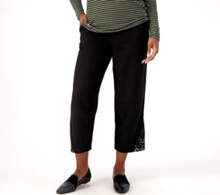 Susan Graver Pure Linen Blend Crop Pants with Lace Inset - BLACK, SMALL - £19.50 GBP