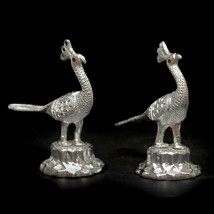 Vintage Pair Silver Tone Aluminum Ornate Red Eyes Peacocks Figurine 4 1/2&quot; heigh - £17.38 GBP