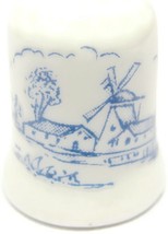 Blue Windmill Farm Scene On White Thimble Vintage Porcelain - $11.87