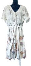 Alex Marie Over All Embroidered Dress Vee Neck White Eyelet Lace Lined Belted - £47.38 GBP