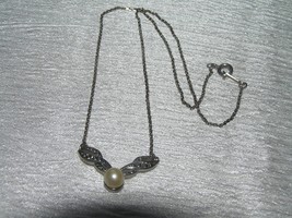 Vintage Avon Signed Dainty Silvertone Chain with Faux Marcasite & Pearl Pendant - $10.39