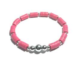 Pink Beaded Stretch Bracelet with Silver Metal Accents, Heishi Style - $5.99