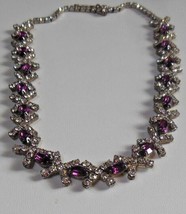 Vintage Faceted Prong-set Purple &amp; Clear Rhinestone Necklace X Design - £117.45 GBP